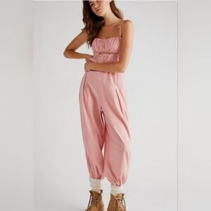 Free People Kingston Jumpsuit, (pink, Large, balloon pants)
